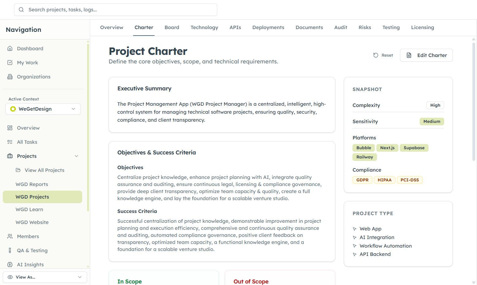 Project Charter Interface